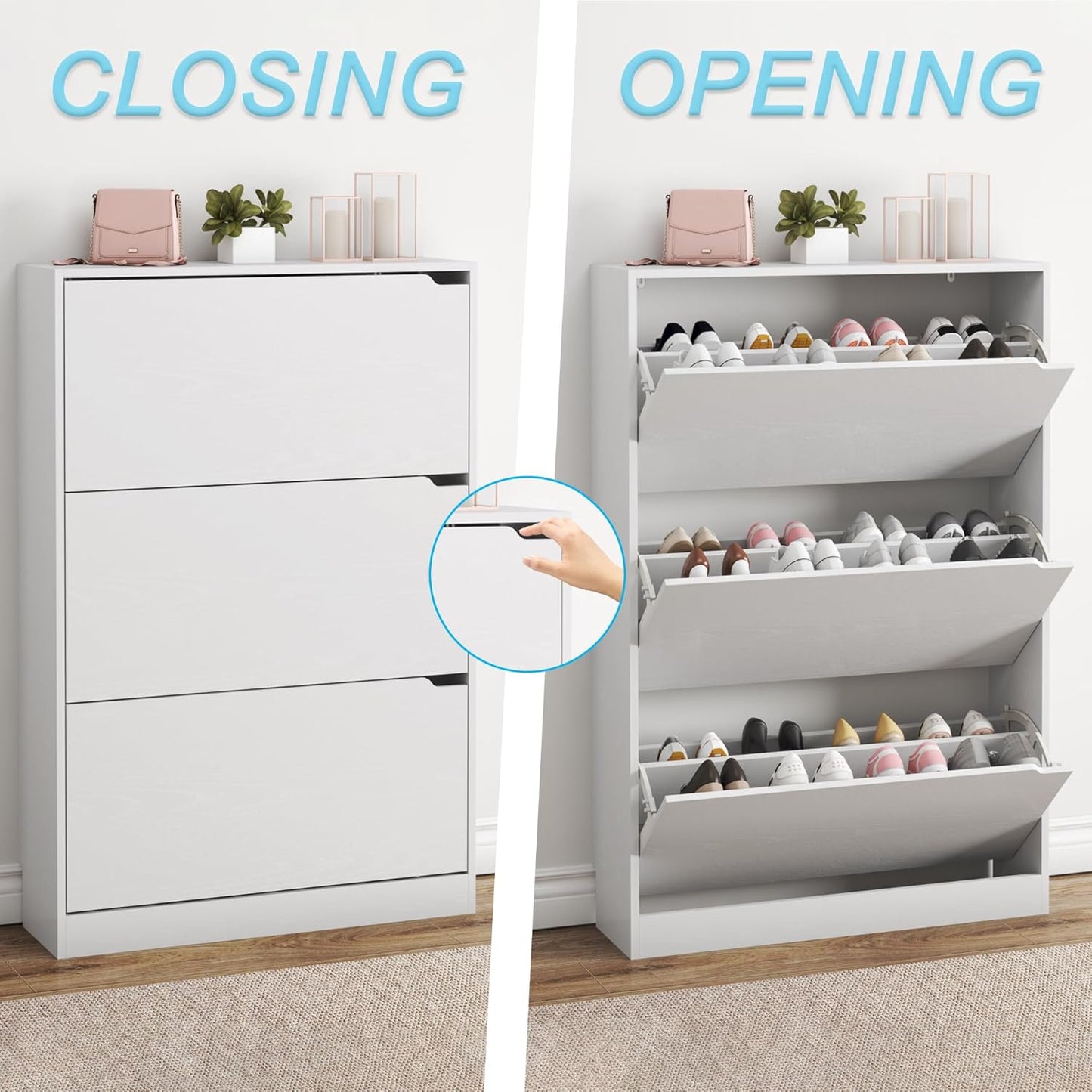 Freestanding White Shoe Storage Cabinet - 3 Flip Drawers