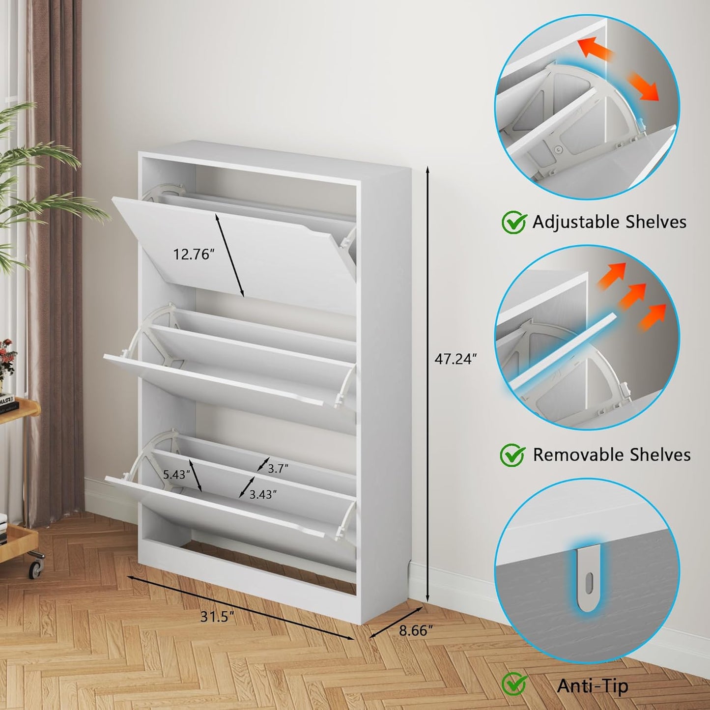 Freestanding White Shoe Storage Cabinet - 3 Flip Drawers
