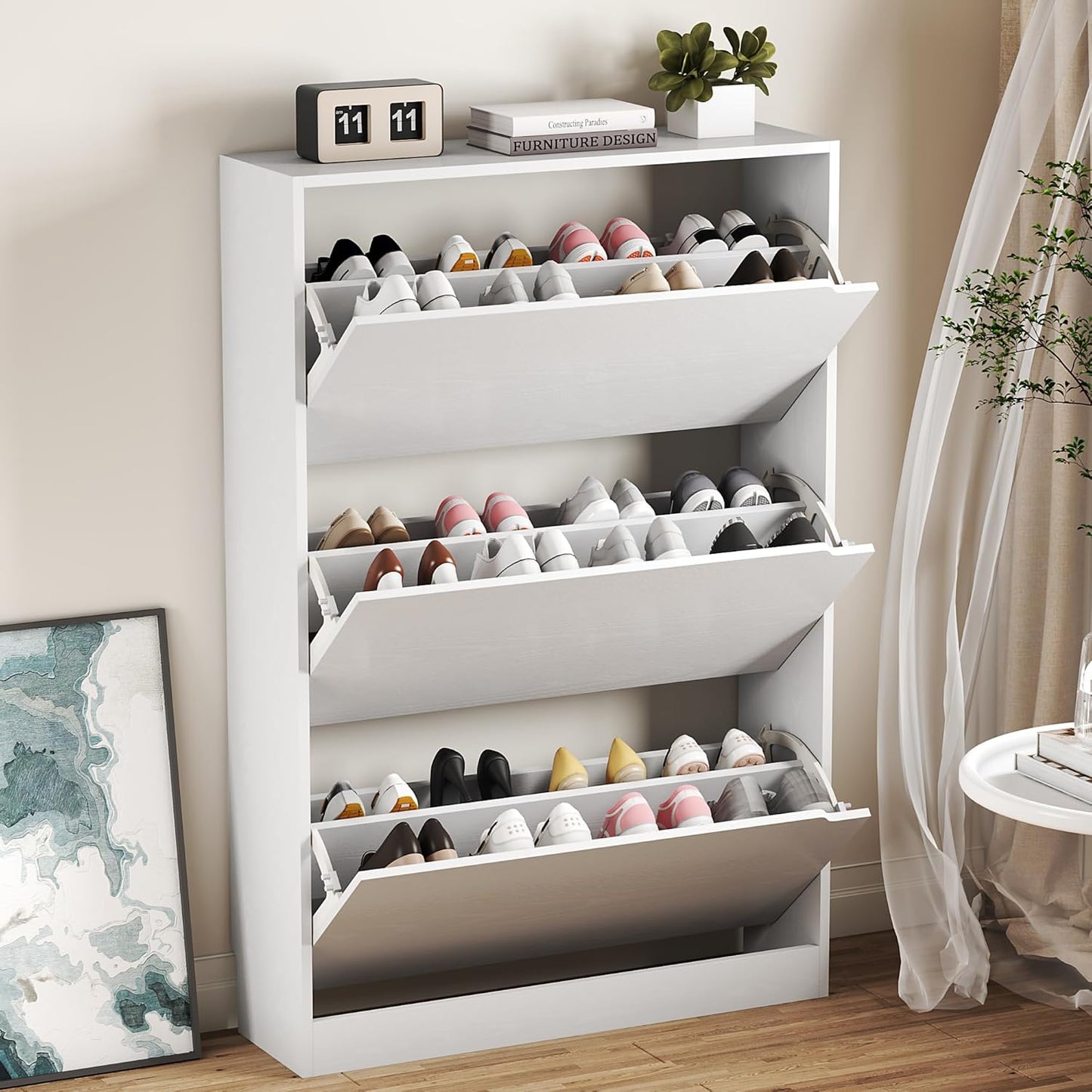Freestanding White Shoe Storage Cabinet - 3 Flip Drawers