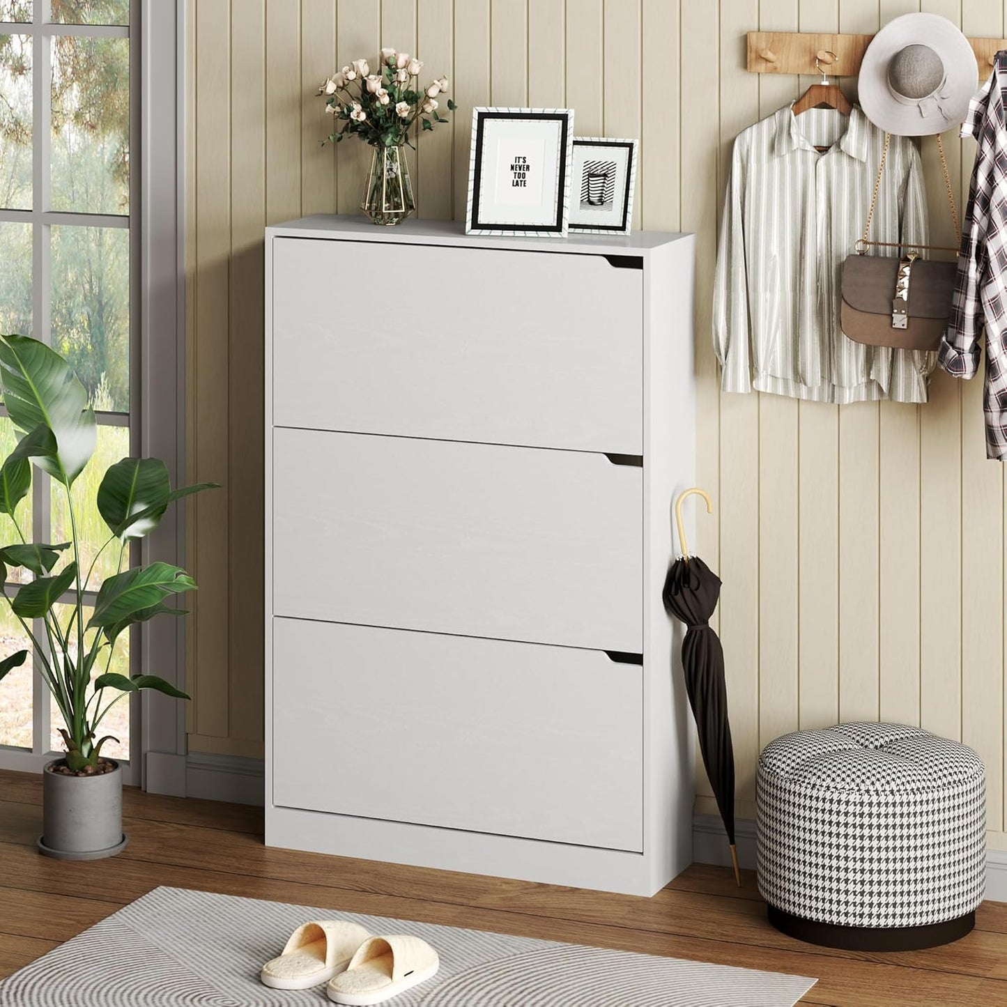 Freestanding White Shoe Storage Cabinet - 3 Flip Drawers