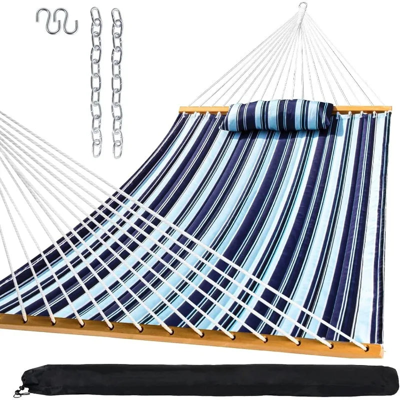 Outdoor Quilted Fabric Hammock with Pillow and Chains for Patio