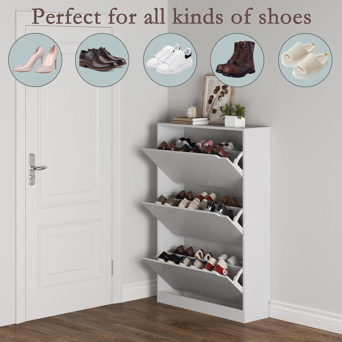 Freestanding White Shoe Storage Cabinet - 3 Flip Drawers