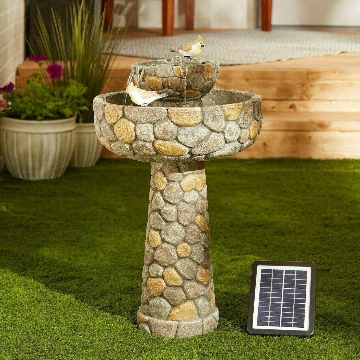 Stone Water Fountain Outdoor Waterfall Garden Solar Water Feature - Dealjas