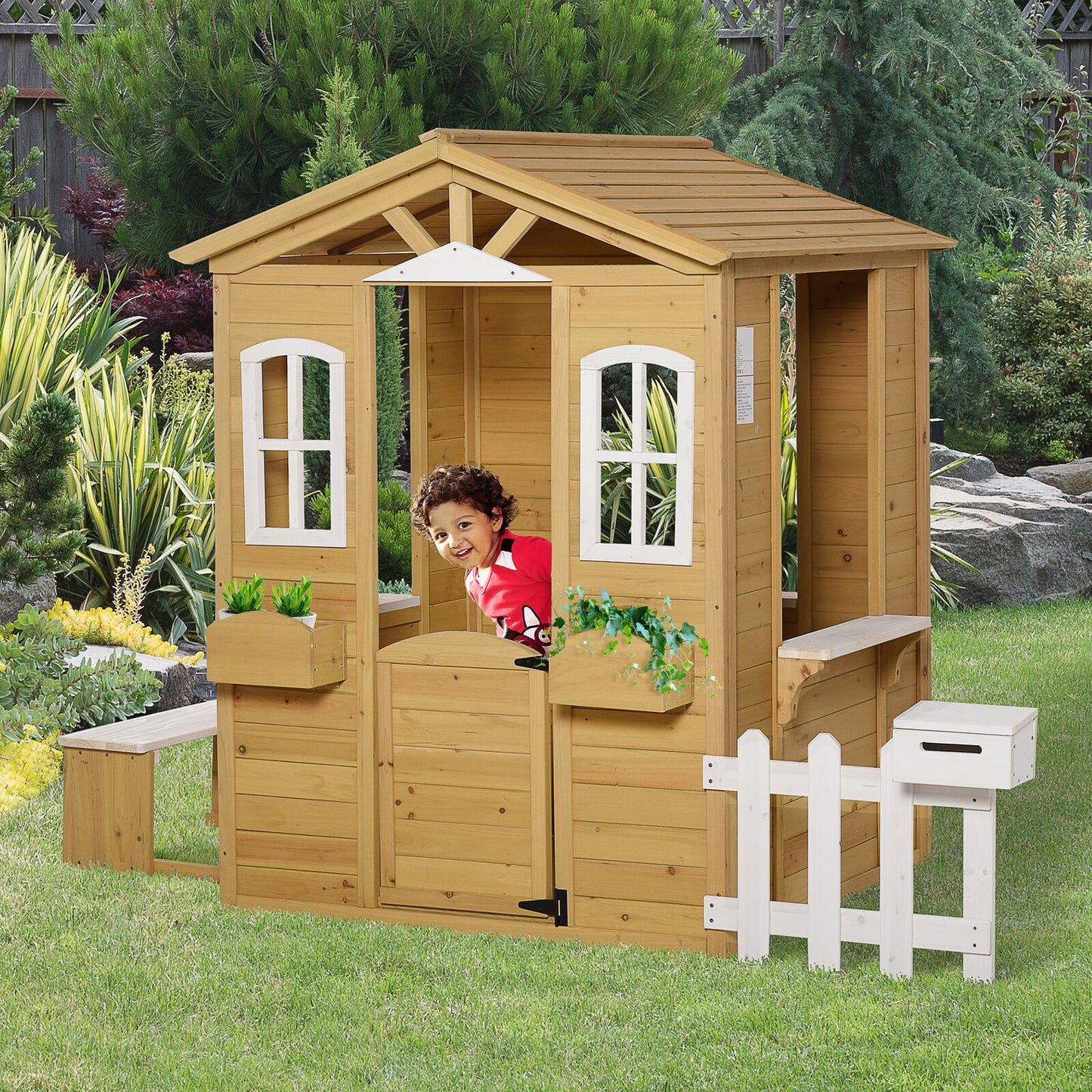 Wooden Outdoor Kids Playhouse Backyard Children House Set with Fence - Dealjas