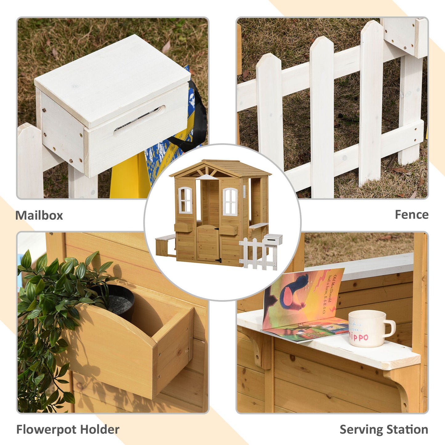 Wooden Outdoor Kids Playhouse Backyard Children House Set with Fence - Dealjas