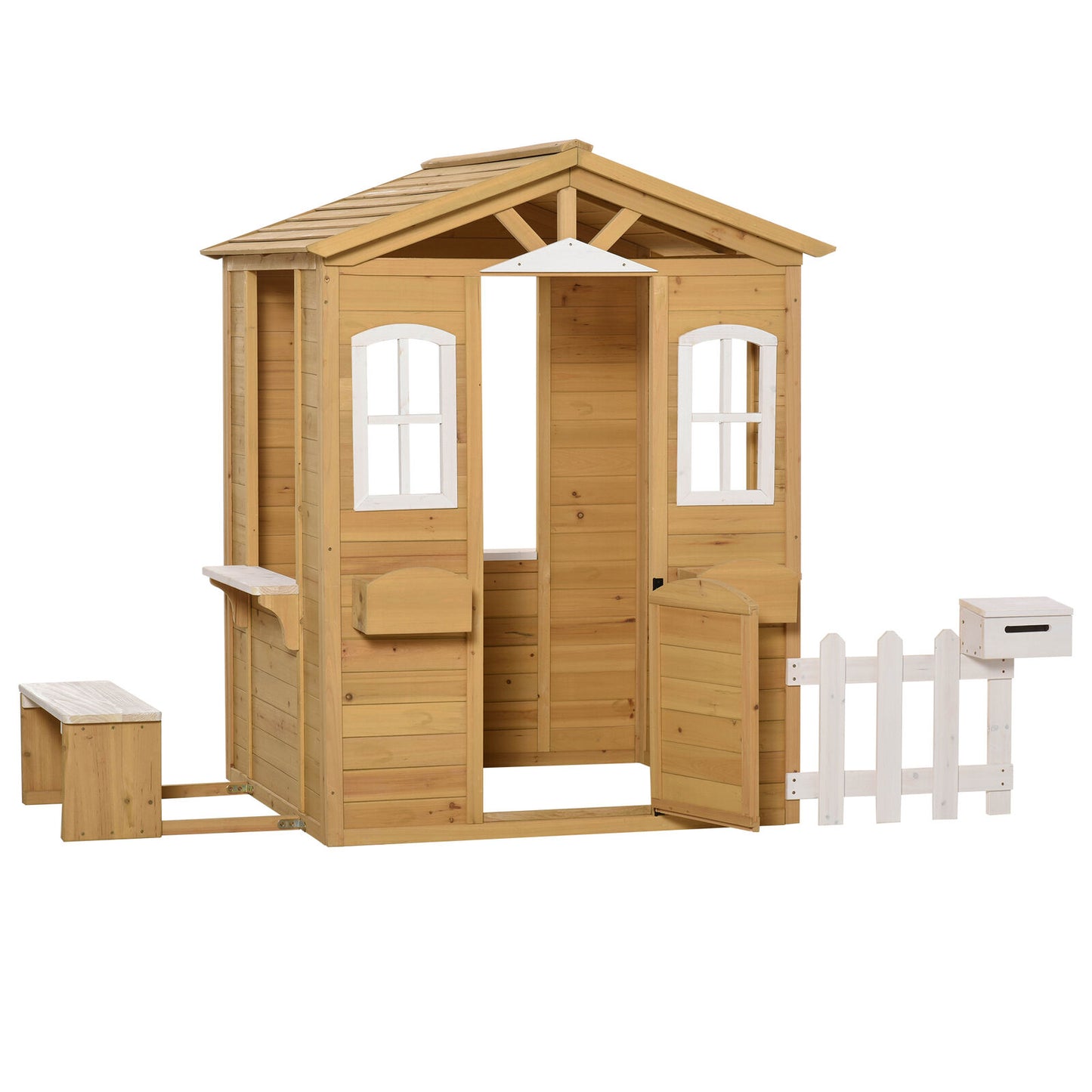 Wooden Outdoor Kids Playhouse Backyard Children House Set with Fence - Dealjas
