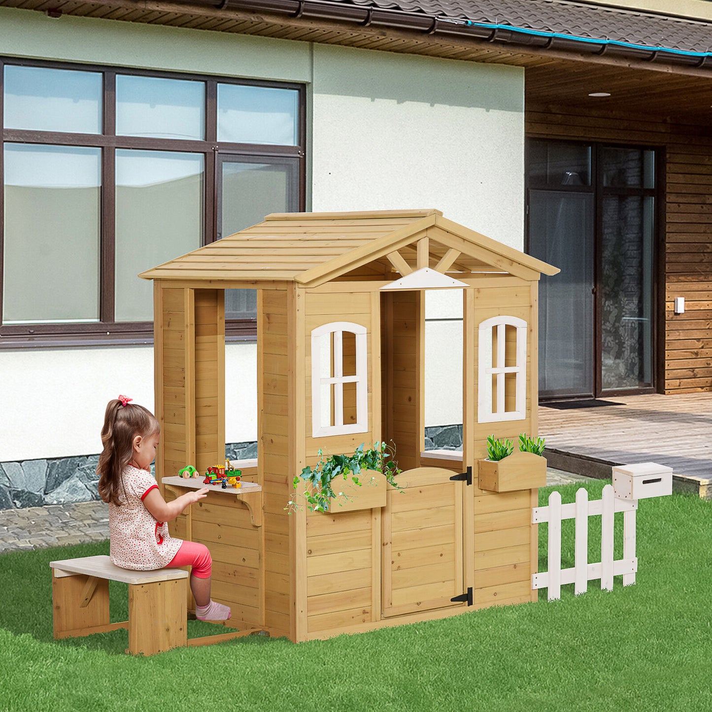 Wooden Outdoor Kids Playhouse Backyard Children House Set with Fence - Dealjas