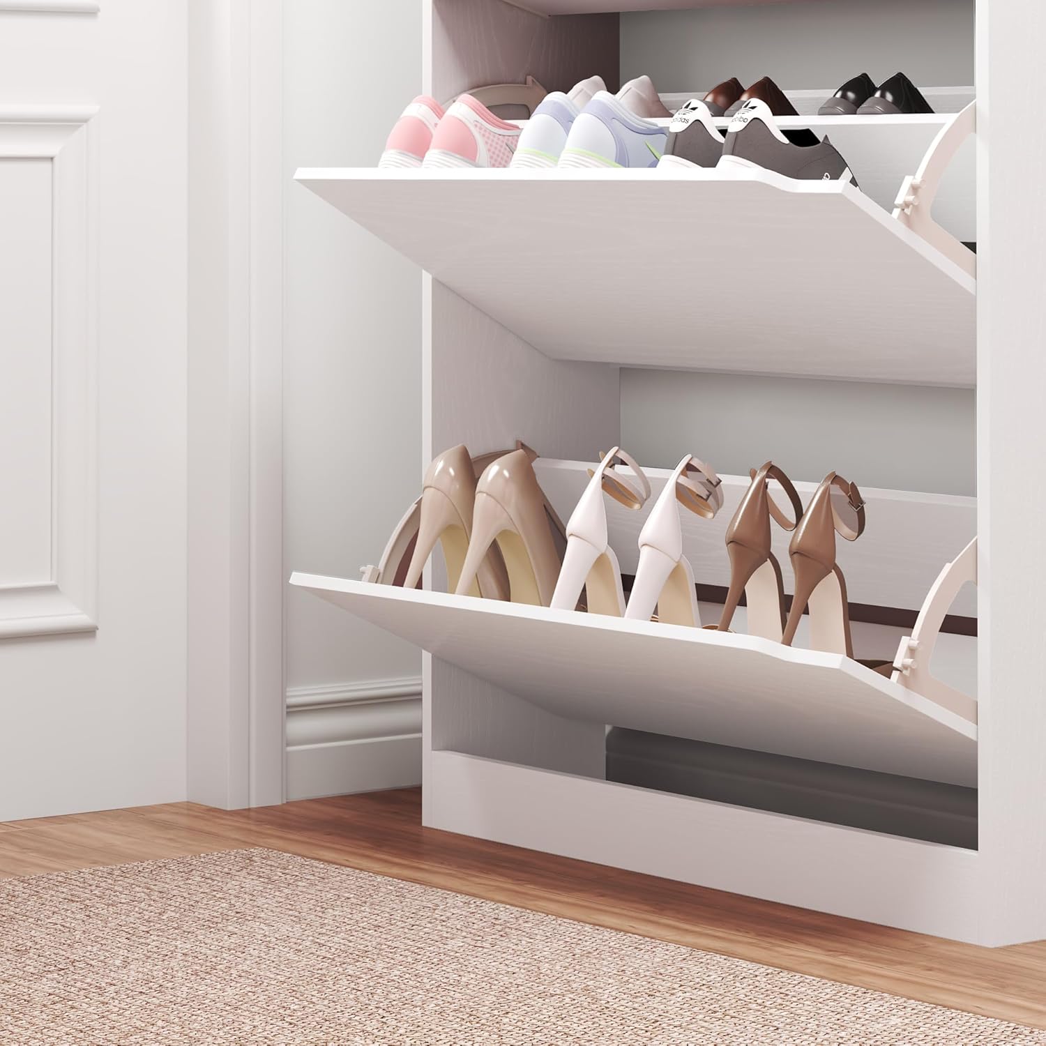 Freestanding White Shoe Storage Cabinet - 3 Flip Drawers