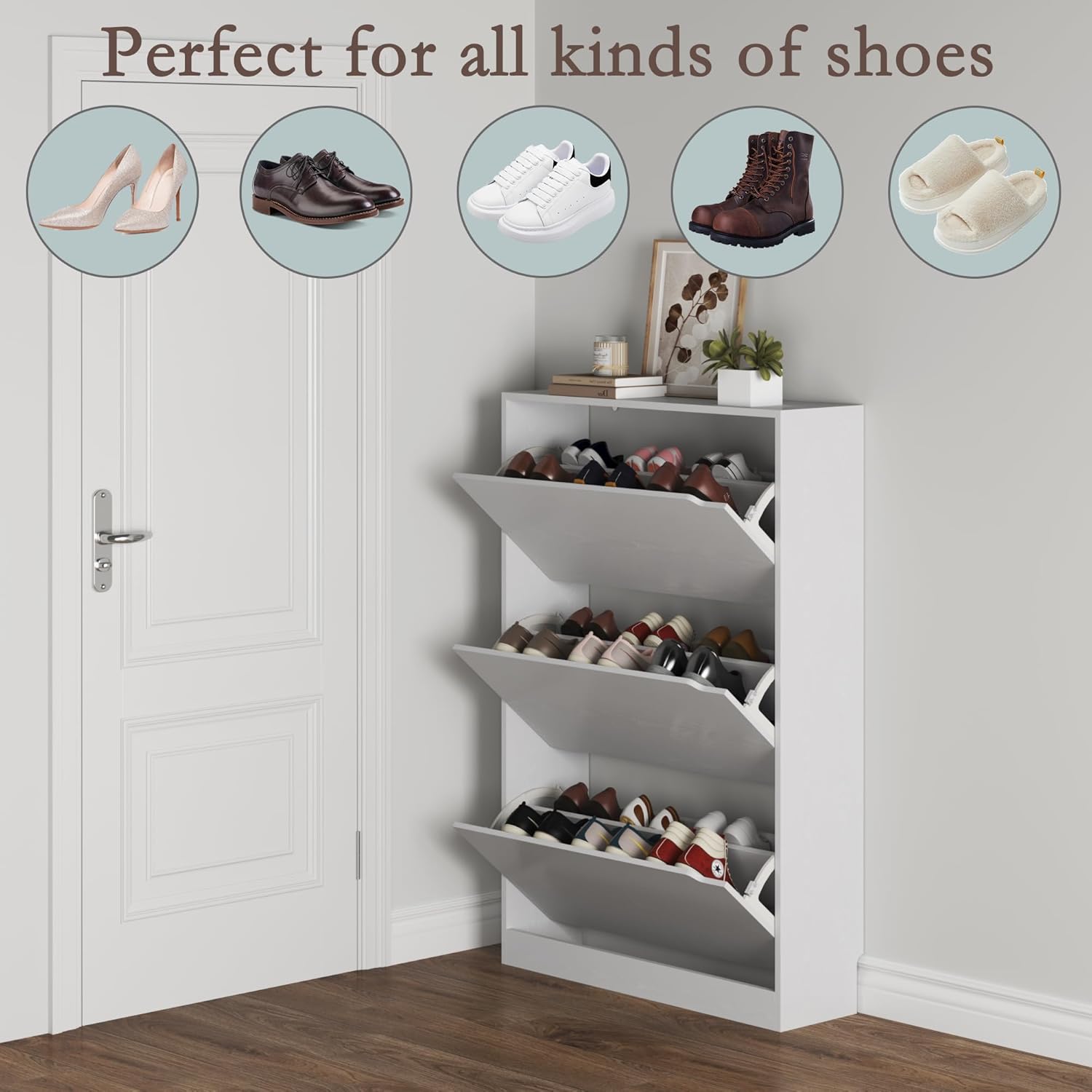 Freestanding White Shoe Storage Cabinet - 3 Flip Drawers