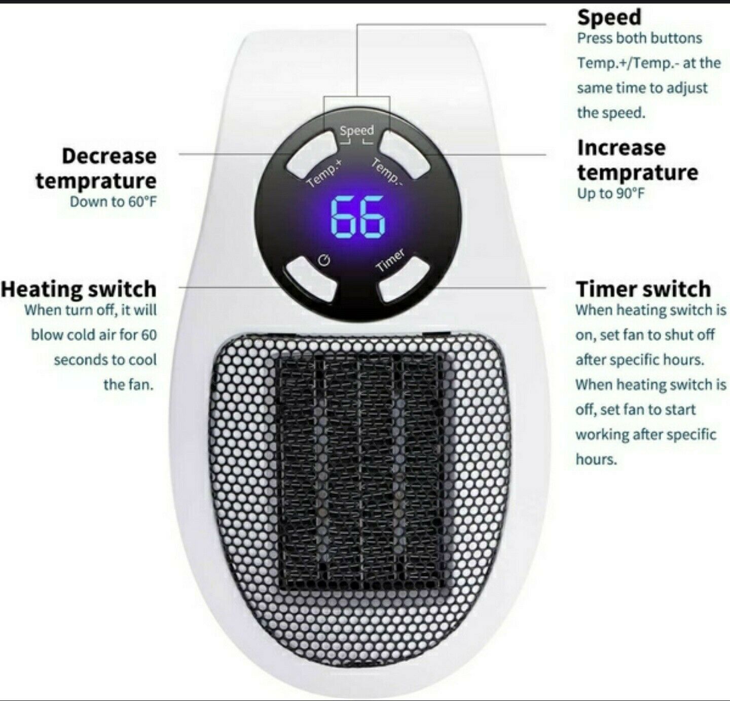 Portable Mini Electric Plug-In Wall Heater Handy Room Blower Fan Radiator - Dealjas