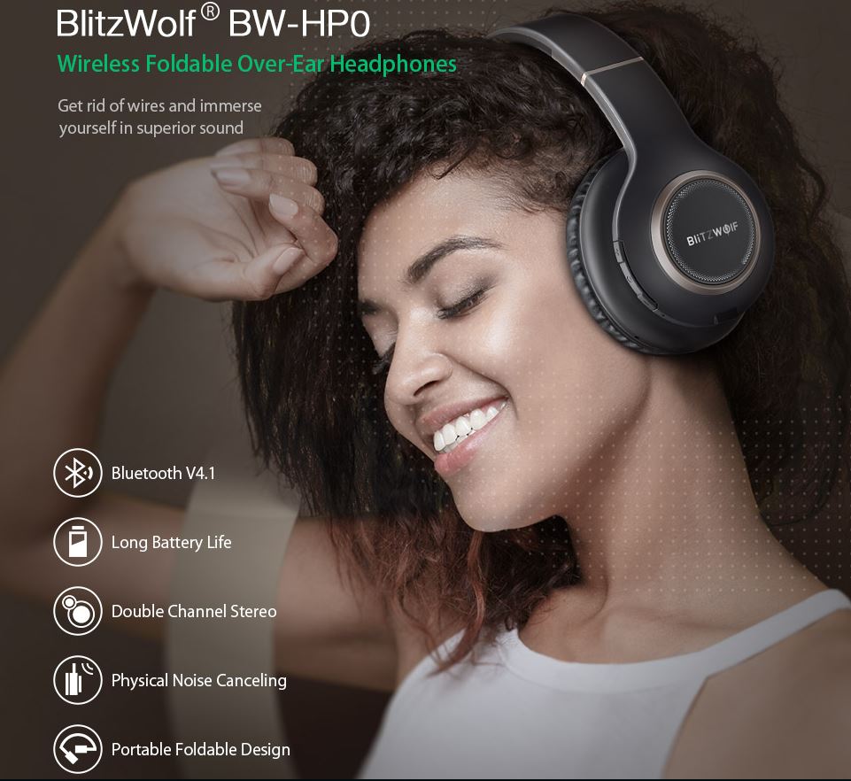 Blitzwolf Wireless Bluetooth Headphone Noise Cancelling Portable Foldable Over-ear Stereo Headset with Mic - Dealjas