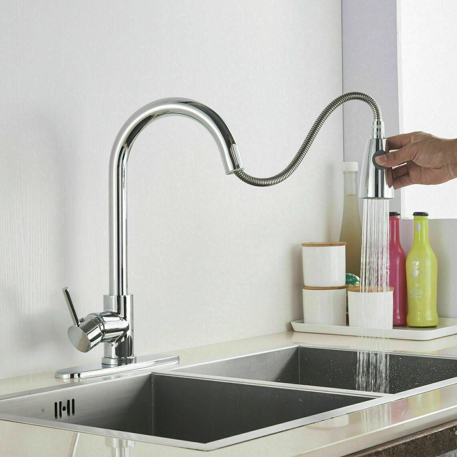 Sink Kitchen Faucet Single Handle Brushed Nickel Pull Down Sprayer with Cover - Dealjas