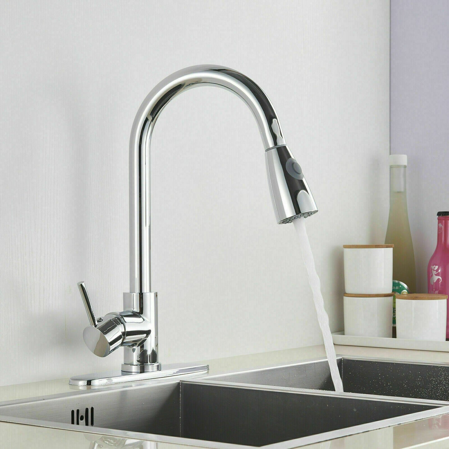 Sink Kitchen Faucet Single Handle Brushed Nickel Pull Down Sprayer with Cover - Dealjas