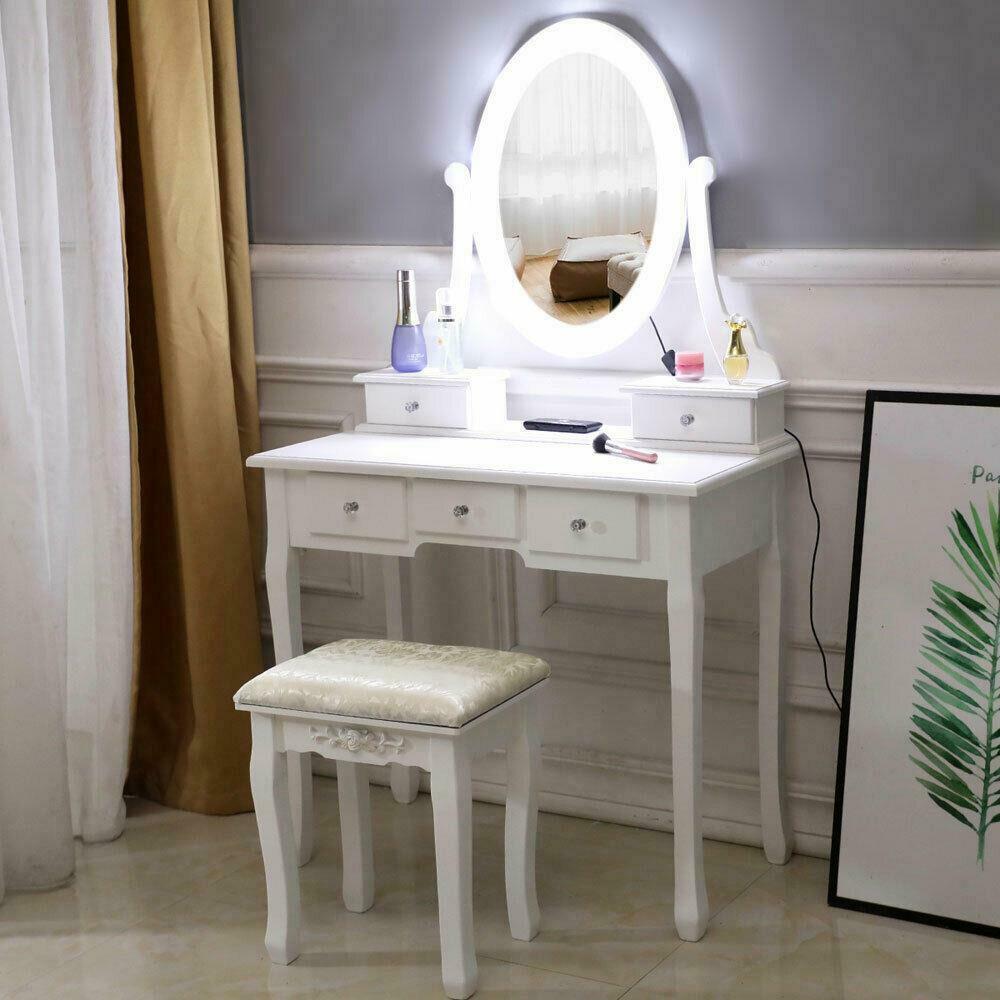 Vanity Table with Stool and LED Lights Mirror - Dealjas