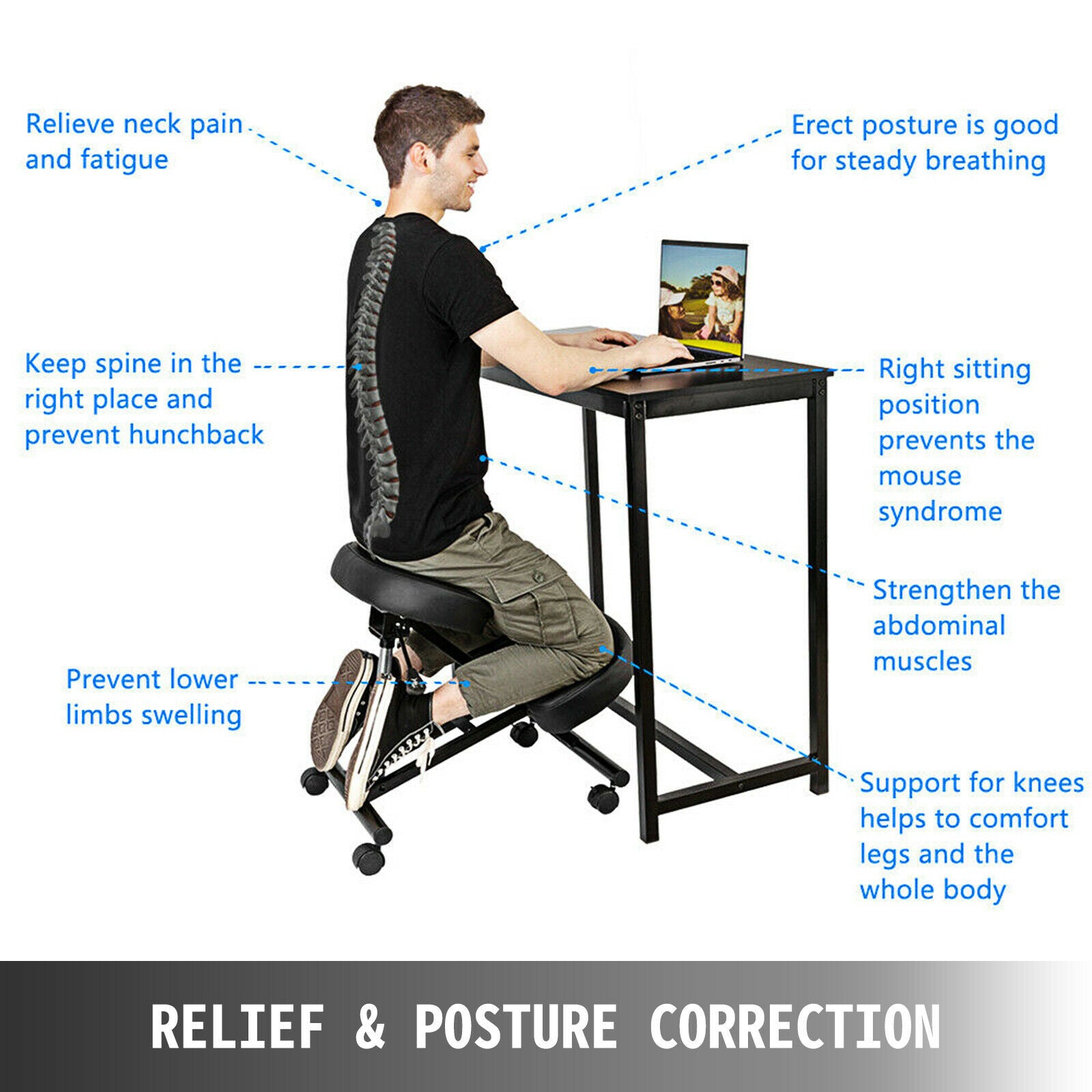 Ergonomic Kneeling Chair Adjustable Rocking Stool Office Posture Seat - Dealjas