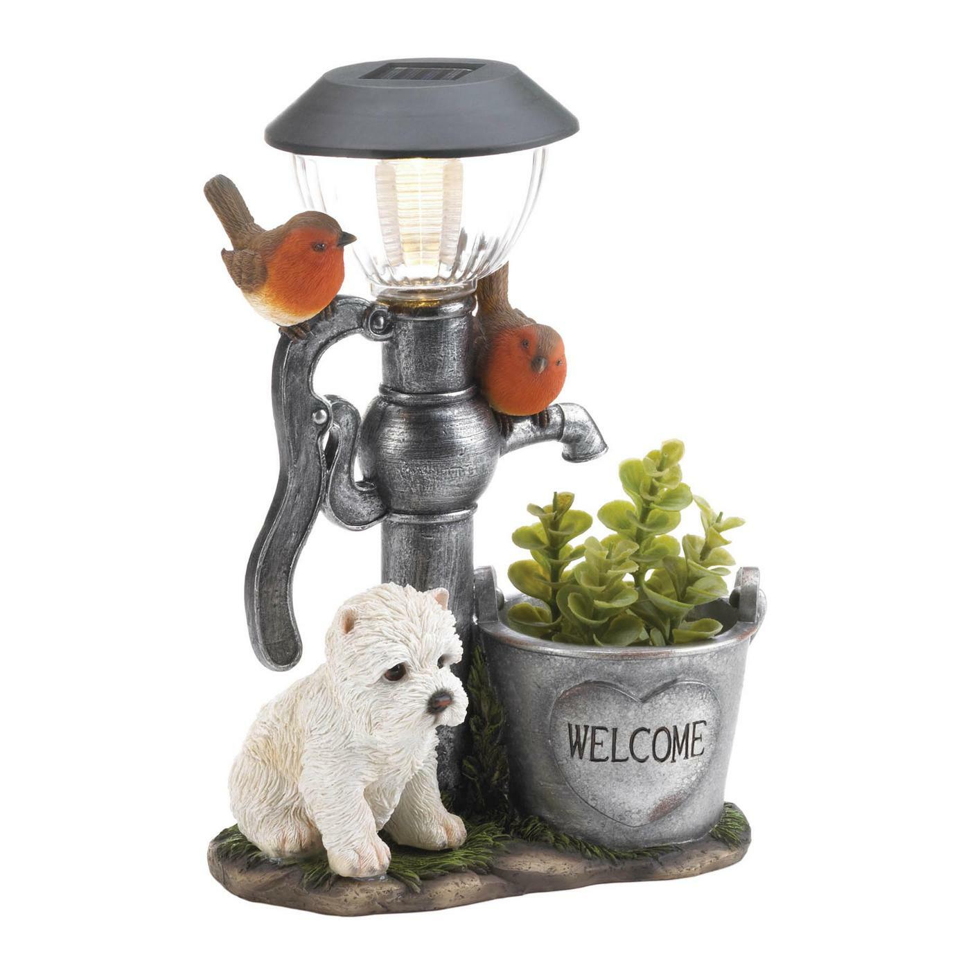 Solar Garden Light Flower Pot with Puppy and Birds Outdoor Lights