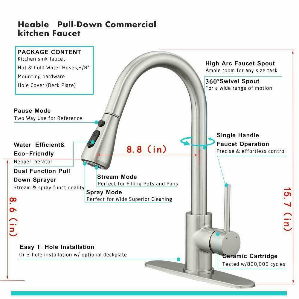 Sink Kitchen Faucet Single Handle Brushed Nickel Pull Down Sprayer with Cover - Dealjas