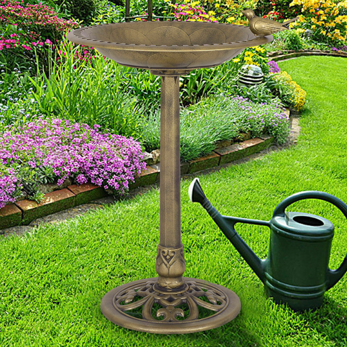 Bird Bath Feeder Garden Gold Pedestal Bird Baths Outdoor Antique Decor - Dealjas