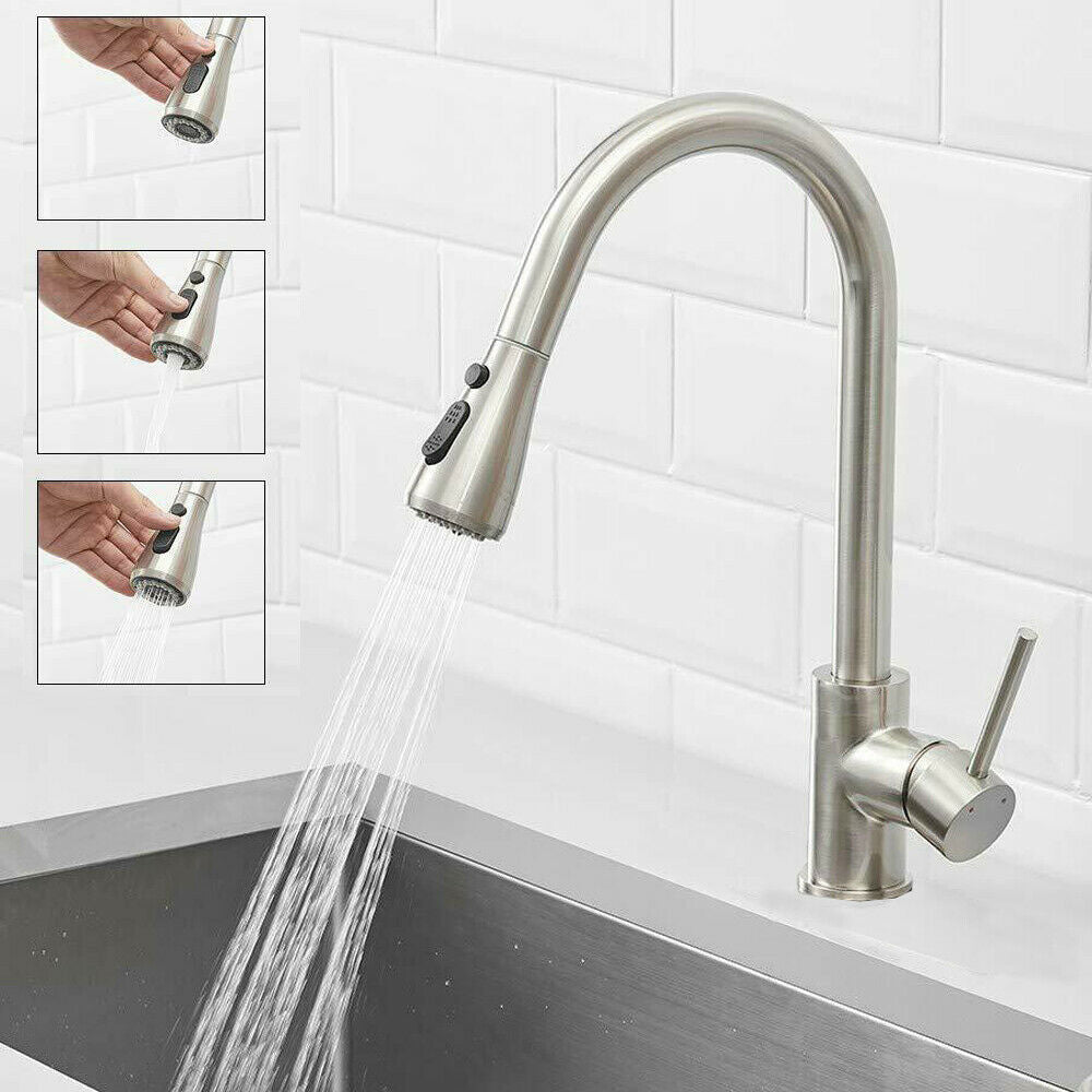 Sink Kitchen Faucet Single Handle Brushed Nickel Pull Down Sprayer with Cover - Dealjas