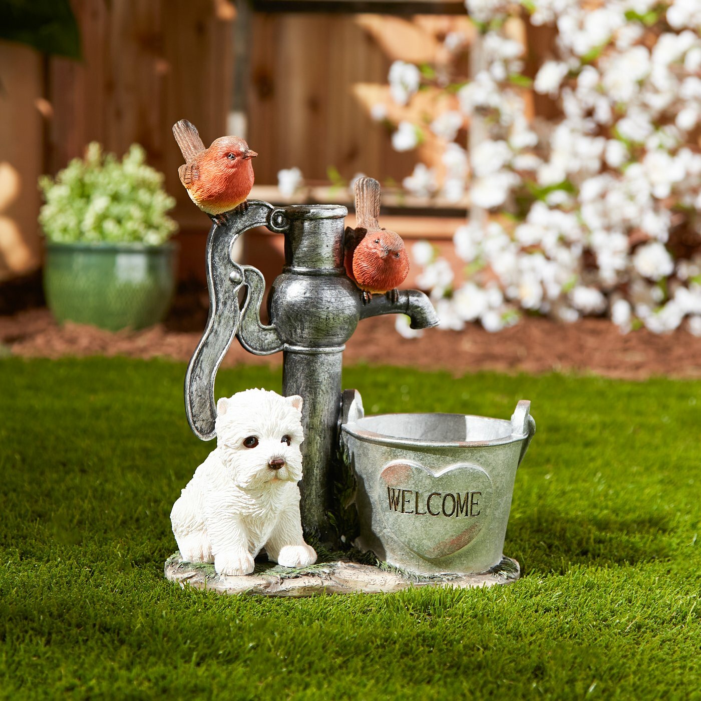 Solar Garden Light Flower Pot with Puppy and Birds Outdoor Lights