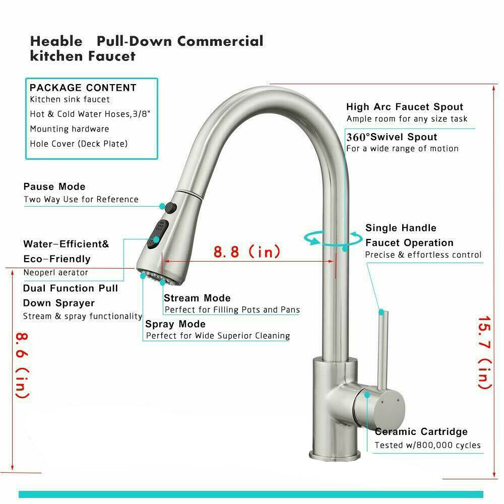 Sink Kitchen Faucet Single Handle Brushed Nickel Pull Down Sprayer with Cover - Dealjas